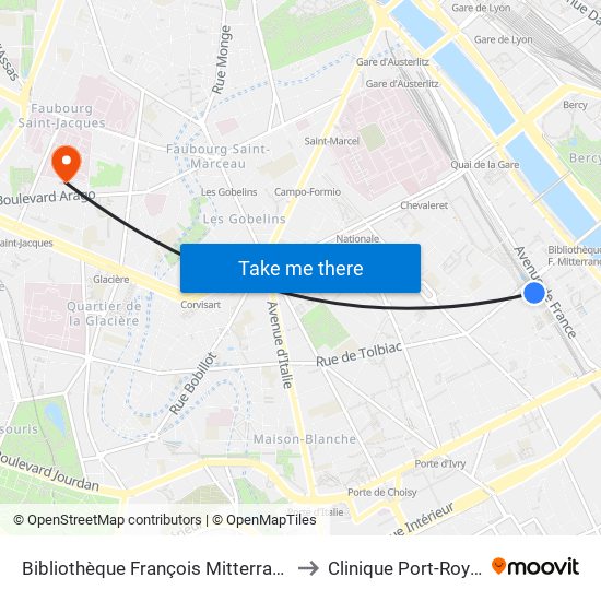Bibliothèque François Mitterrand to Clinique Port-Royal map