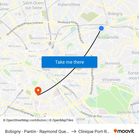 Bobigny - Pantin - Raymond Queneau to Clinique Port-Royal map