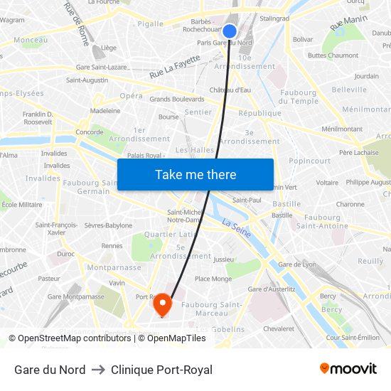 Gare du Nord to Clinique Port-Royal map