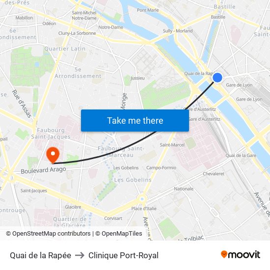 Quai de la Rapée to Clinique Port-Royal map