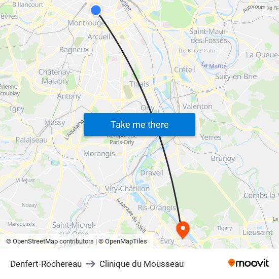 Denfert-Rochereau to Clinique du Mousseau map