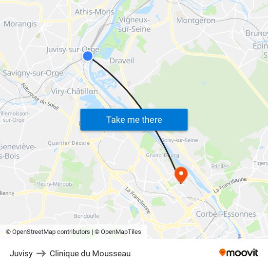 Juvisy to Clinique du Mousseau map