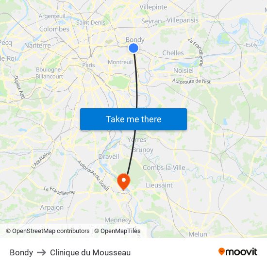 Bondy to Clinique du Mousseau map