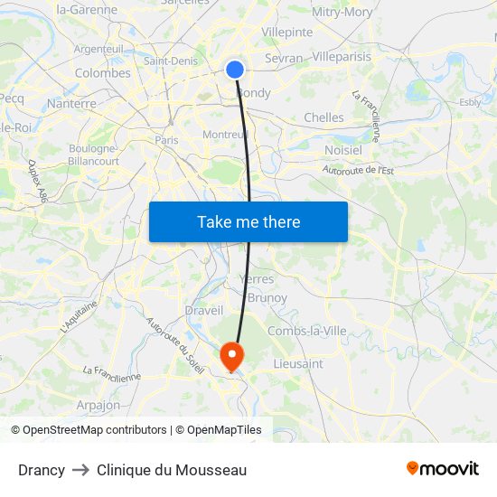 Drancy to Clinique du Mousseau map