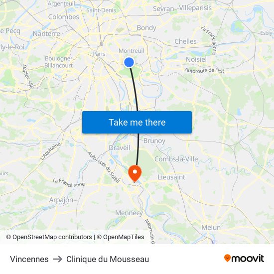 Vincennes to Clinique du Mousseau map