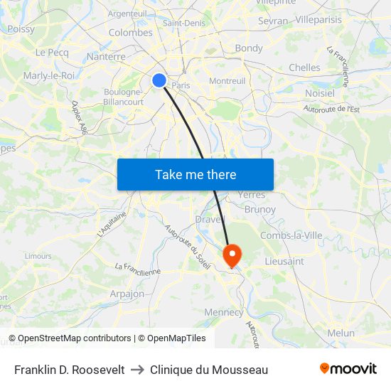Franklin D. Roosevelt to Clinique du Mousseau map