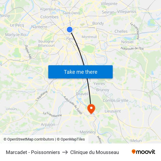 Marcadet - Poissonniers to Clinique du Mousseau map
