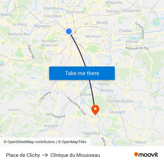 Place de Clichy to Clinique du Mousseau map