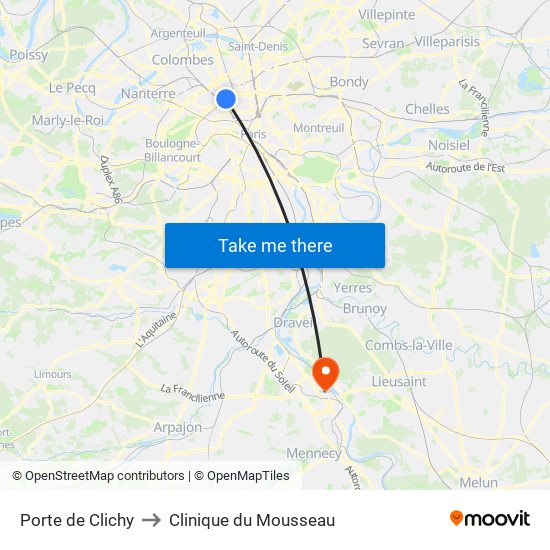 Porte de Clichy to Clinique du Mousseau map