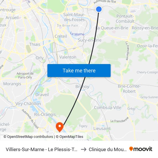 Villiers-Sur-Marne - Le Plessis-Trévise RER to Clinique du Mousseau map