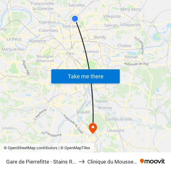 Gare de Pierrefitte - Stains RER to Clinique du Mousseau map