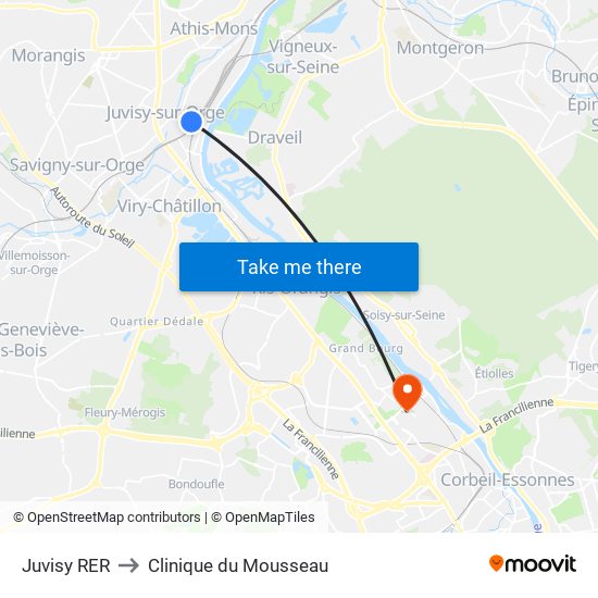Juvisy RER to Clinique du Mousseau map