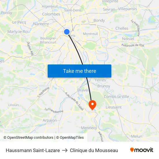 Haussmann Saint-Lazare to Clinique du Mousseau map