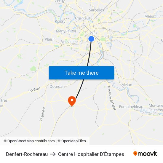Denfert-Rochereau to Centre Hospitalier D'Étampes map