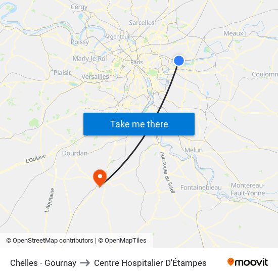 Chelles - Gournay to Centre Hospitalier D'Étampes map