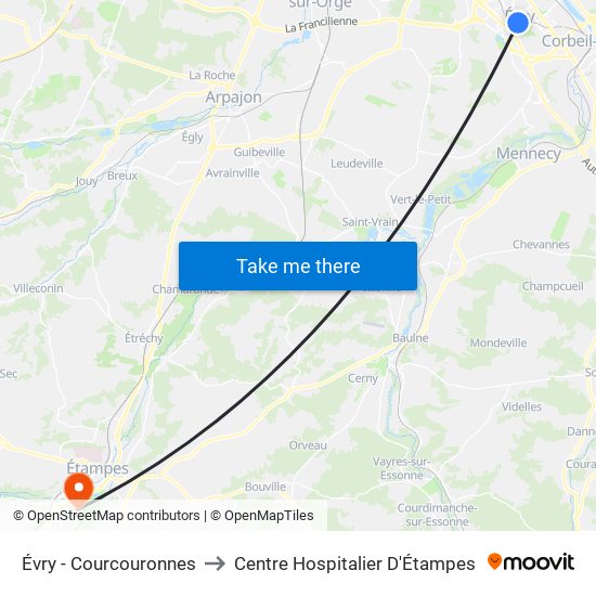 Évry - Courcouronnes to Centre Hospitalier D'Étampes map