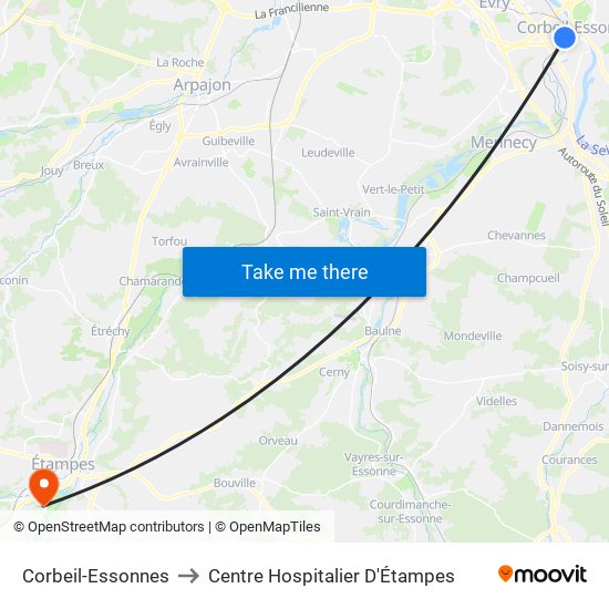 Corbeil-Essonnes to Centre Hospitalier D'Étampes map