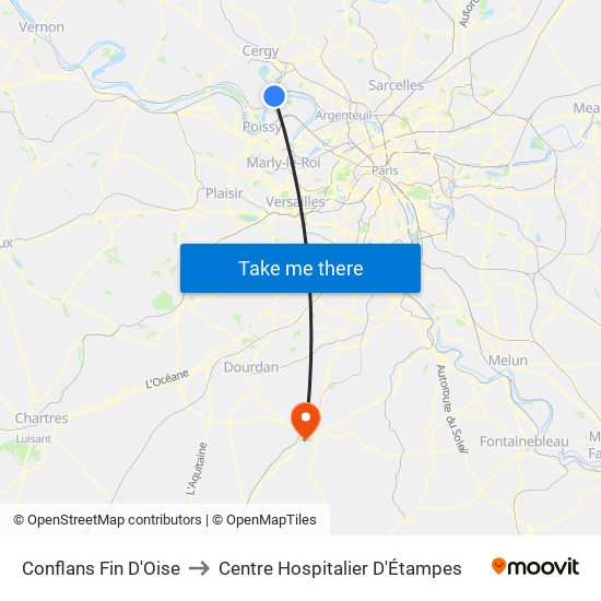 Conflans Fin D'Oise to Centre Hospitalier D'Étampes map