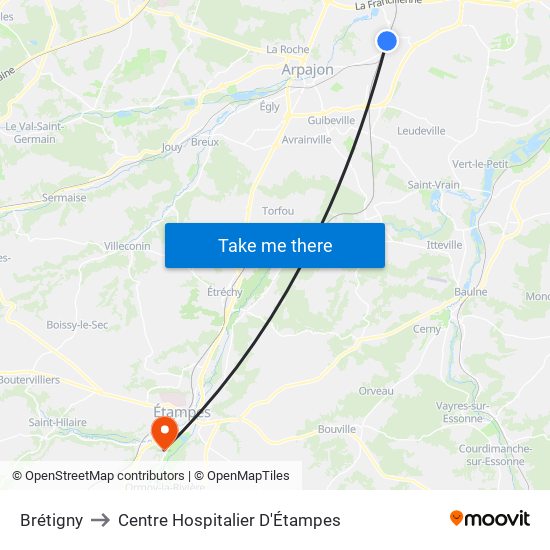 Brétigny to Centre Hospitalier D'Étampes map