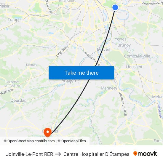 Joinville-Le-Pont RER to Centre Hospitalier D'Étampes map