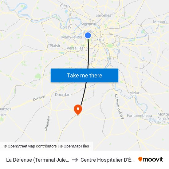 La Défense (Terminal Jules Verne) to Centre Hospitalier D'Étampes map