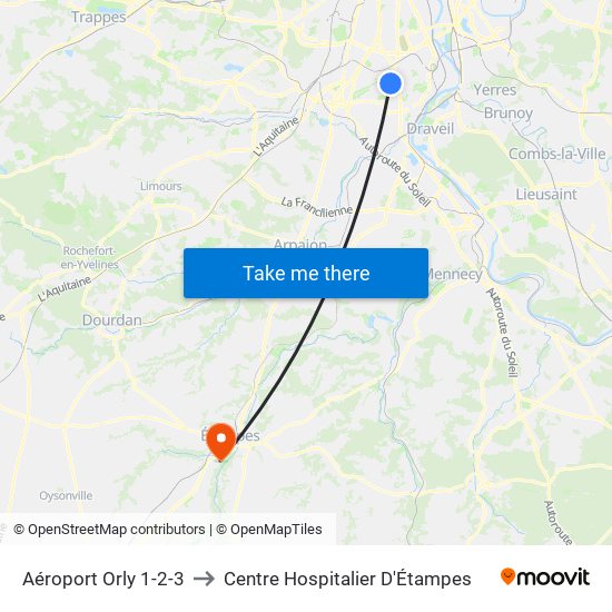 Aéroport Orly 1-2-3 to Centre Hospitalier D'Étampes map