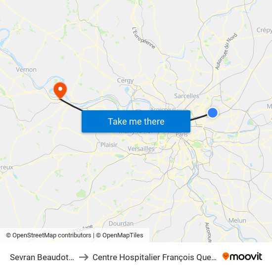 Sevran Beaudottes to Centre Hospitalier François Quesnay map