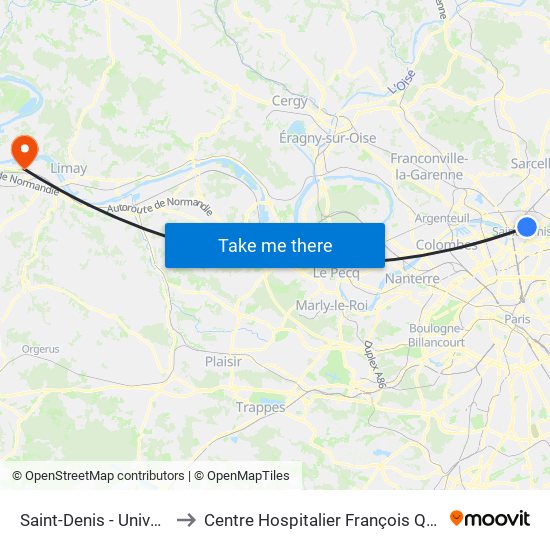 Saint-Denis - Université to Centre Hospitalier François Quesnay map