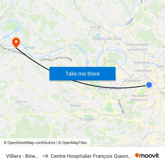 Villiers - Bineau to Centre Hospitalier François Quesnay map