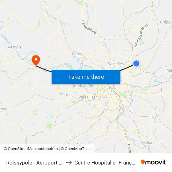 Roissypole - Aéroport Cdg1 (G1) to Centre Hospitalier François Quesnay map