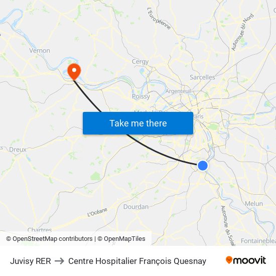 Juvisy RER to Centre Hospitalier François Quesnay map