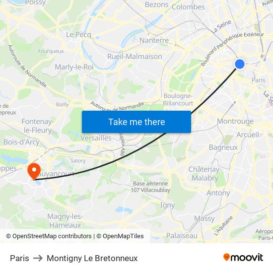 Paris to Montigny Le Bretonneux map