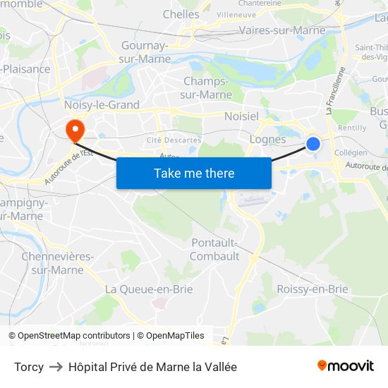 Torcy to Hôpital Privé de Marne la Vallée map