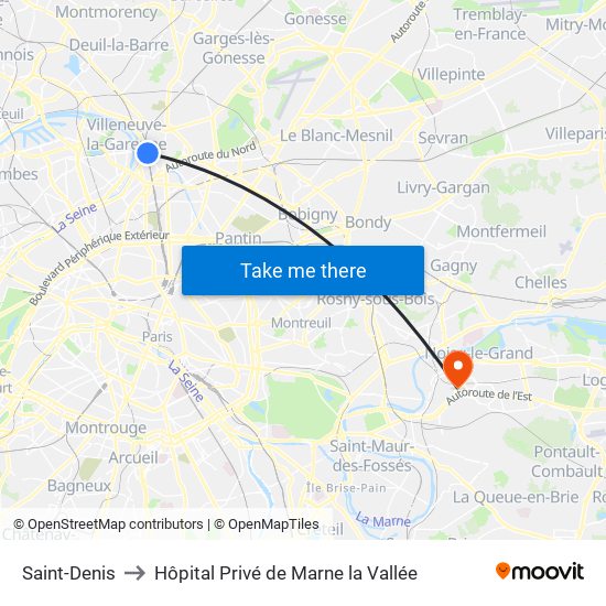 Saint-Denis to Hôpital Privé de Marne la Vallée map