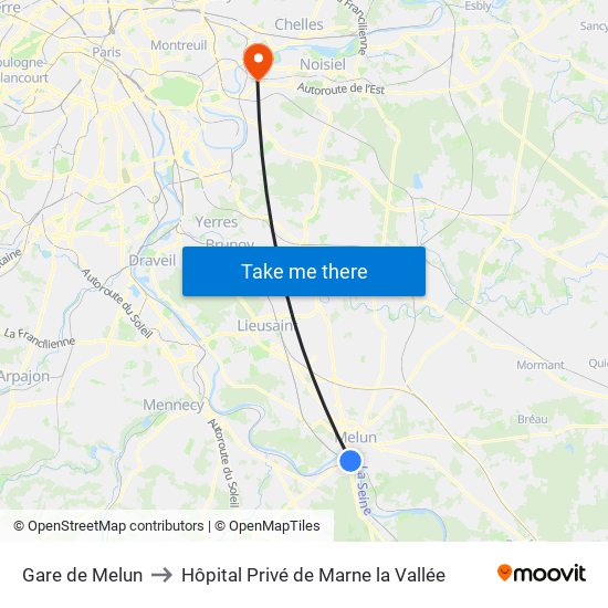 Gare de Melun to Hôpital Privé de Marne la Vallée map