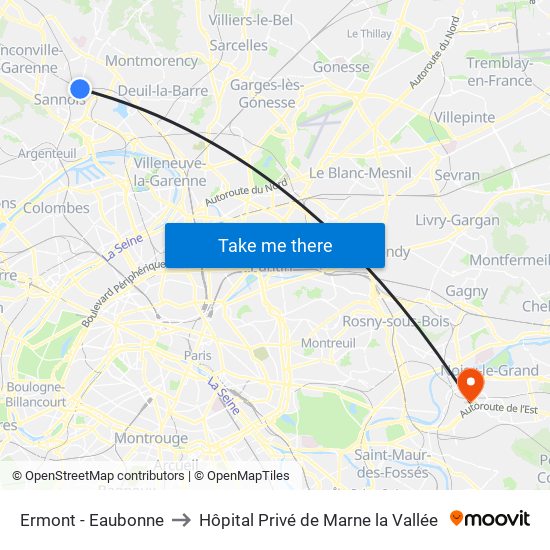 Ermont - Eaubonne to Hôpital Privé de Marne la Vallée map