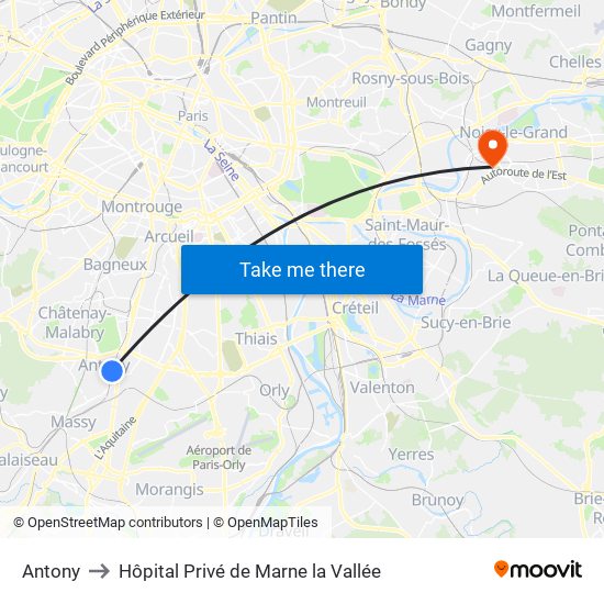 Antony to Hôpital Privé de Marne la Vallée map