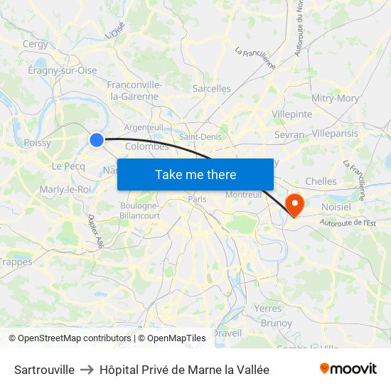 Sartrouville to Hôpital Privé de Marne la Vallée map