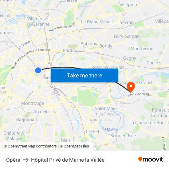 Opéra to Hôpital Privé de Marne la Vallée map