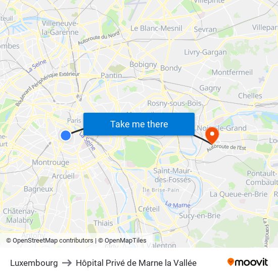 Luxembourg to Hôpital Privé de Marne la Vallée map