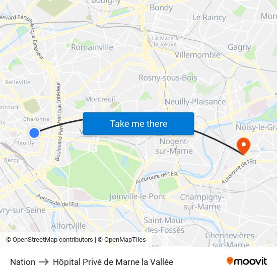 Nation to Hôpital Privé de Marne la Vallée map