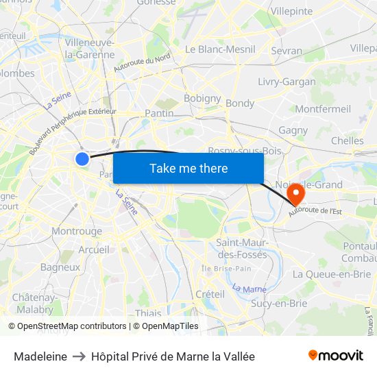 Madeleine to Hôpital Privé de Marne la Vallée map