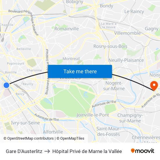 Gare D'Austerlitz to Hôpital Privé de Marne la Vallée map