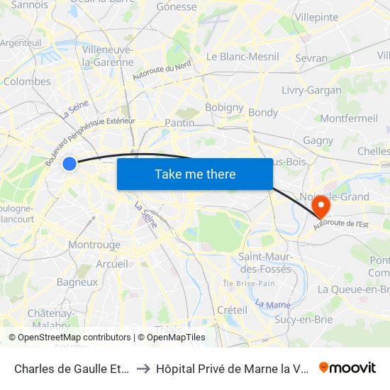 Charles de Gaulle Etoile to Hôpital Privé de Marne la Vallée map