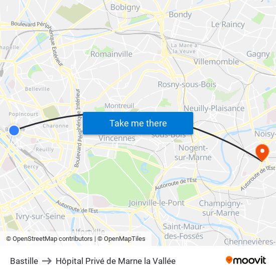 Bastille to Hôpital Privé de Marne la Vallée map