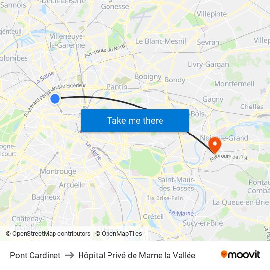Pont Cardinet to Hôpital Privé de Marne la Vallée map
