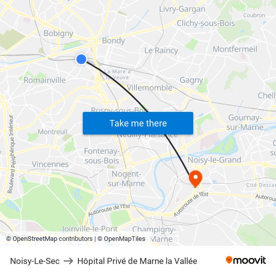 Noisy-Le-Sec to Hôpital Privé de Marne la Vallée map