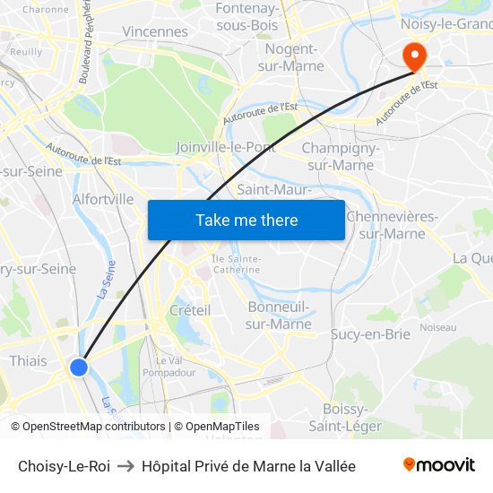 Choisy-Le-Roi to Hôpital Privé de Marne la Vallée map