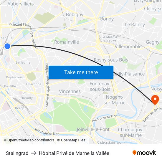 Stalingrad to Hôpital Privé de Marne la Vallée map