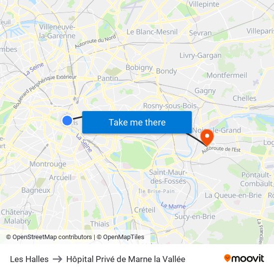 Les Halles to Hôpital Privé de Marne la Vallée map